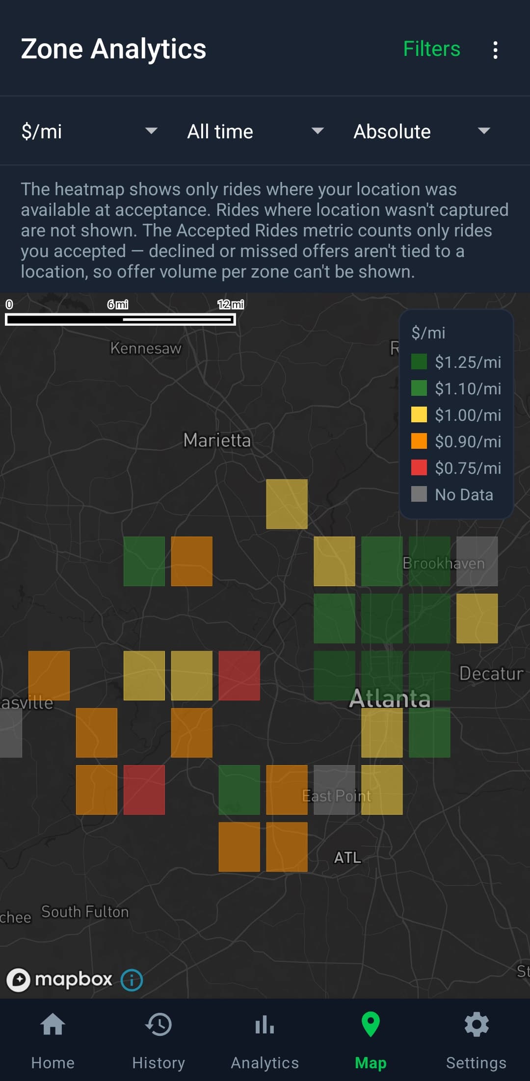 DriveLens zone heatmap showing personal pickup and dropoff activity