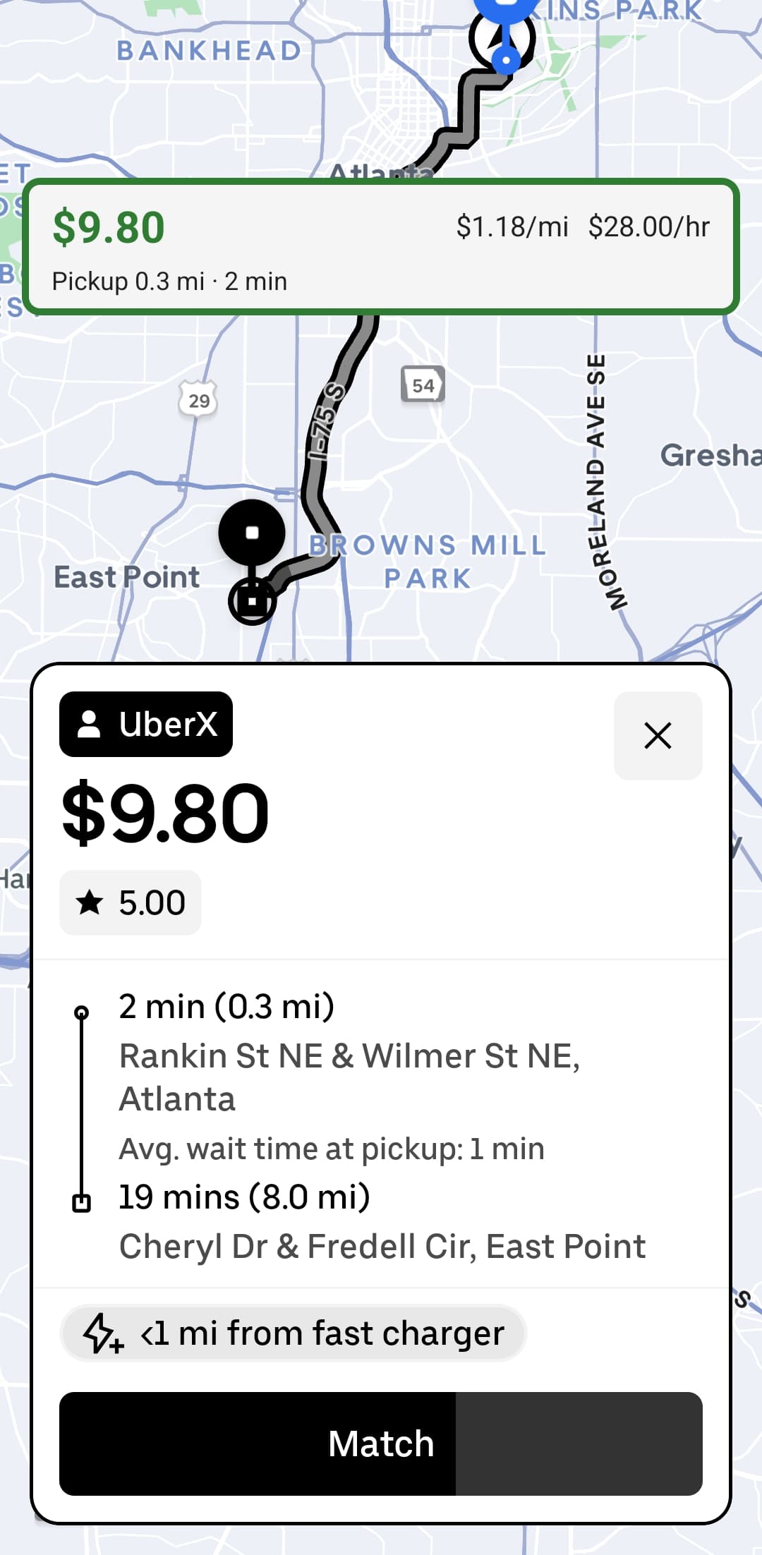DriveLens overlay grading an Uber offer green, showing $9.80 payout at $1.18/mi and $28.00/hr