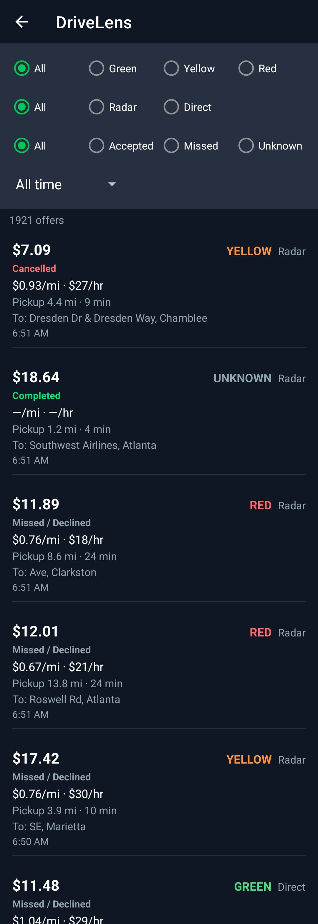 DriveLens offer history showing scored past ride offers and their outcomes