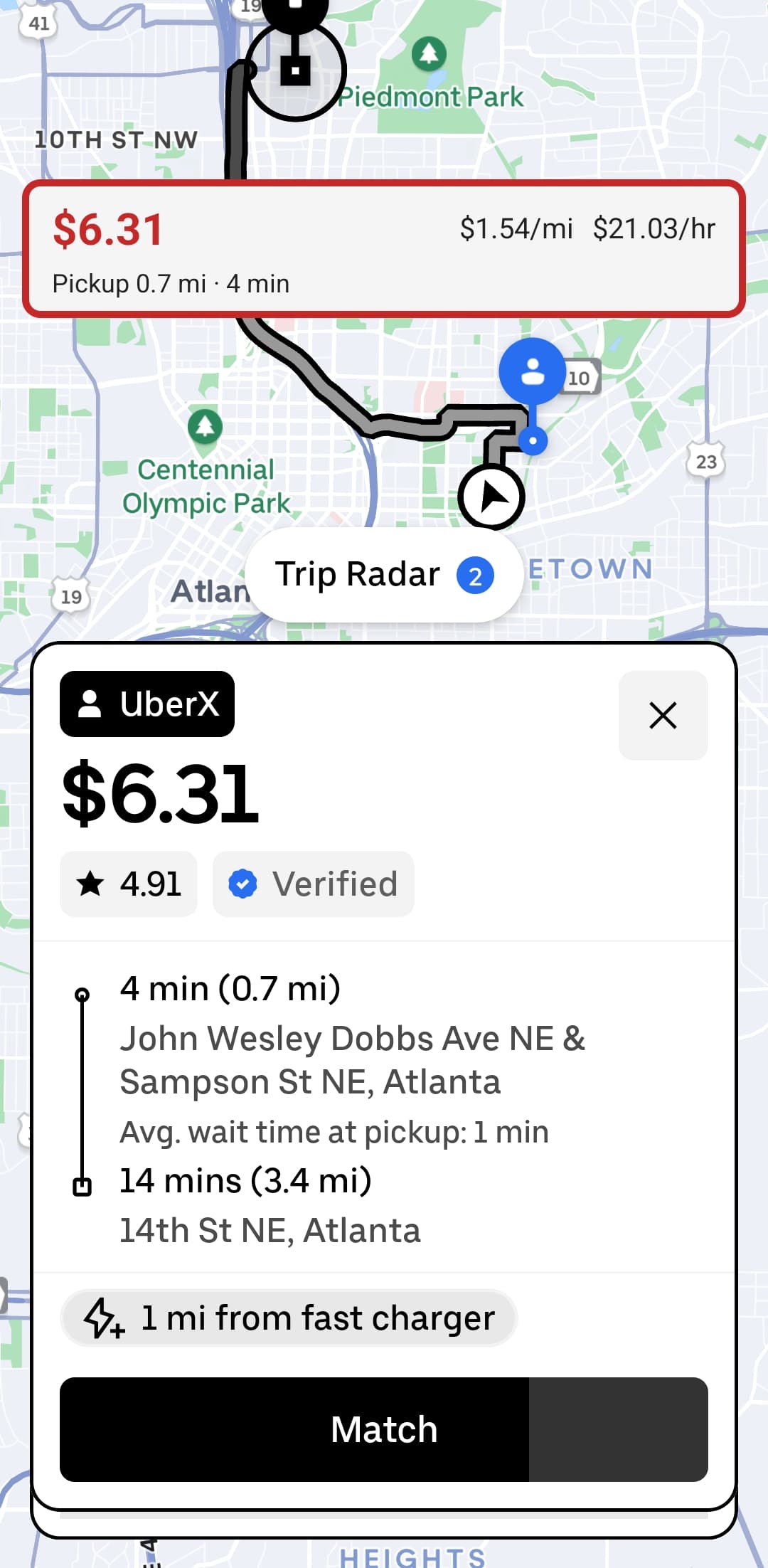 DriveLens overlay grading an Uber offer red, showing $6.31 payout at $1.54/mi and $21.03/hr