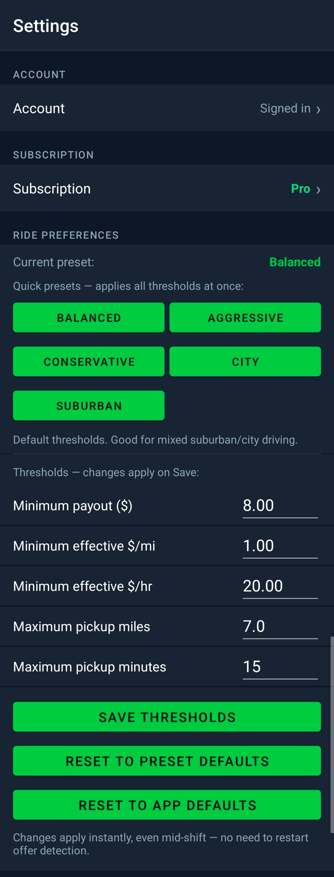 DriveLens settings screen